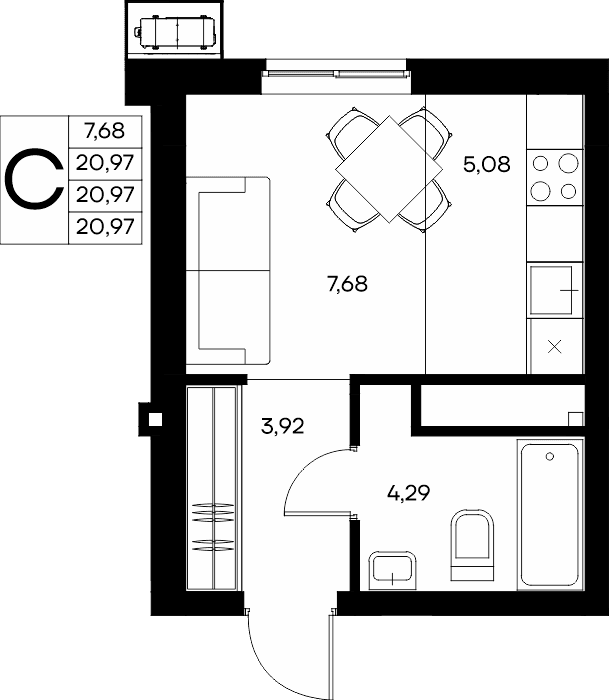 Студия, 21.79 м² · Прибрежный Дом