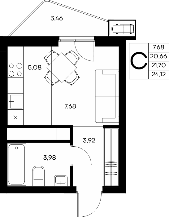Студия, 24.12 м² · Прибрежный Дом