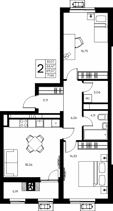 2-к, 71.66 м² · Прибрежный Дом