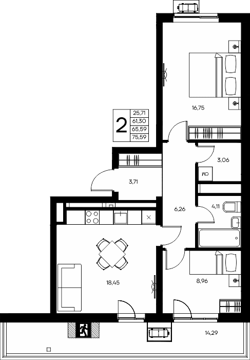 2-к, 75.59 м² · Прибрежный Дом