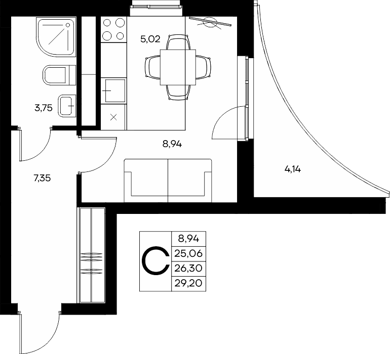 Студия, 29.2 м² · Прибрежный Дом