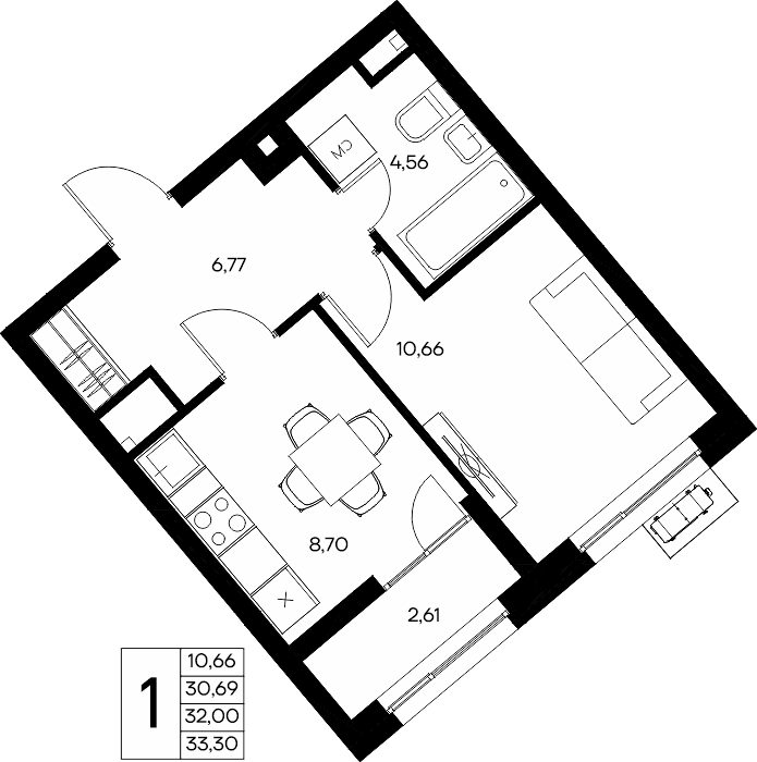 1-к, 34.23 м² · Прибрежный Дом