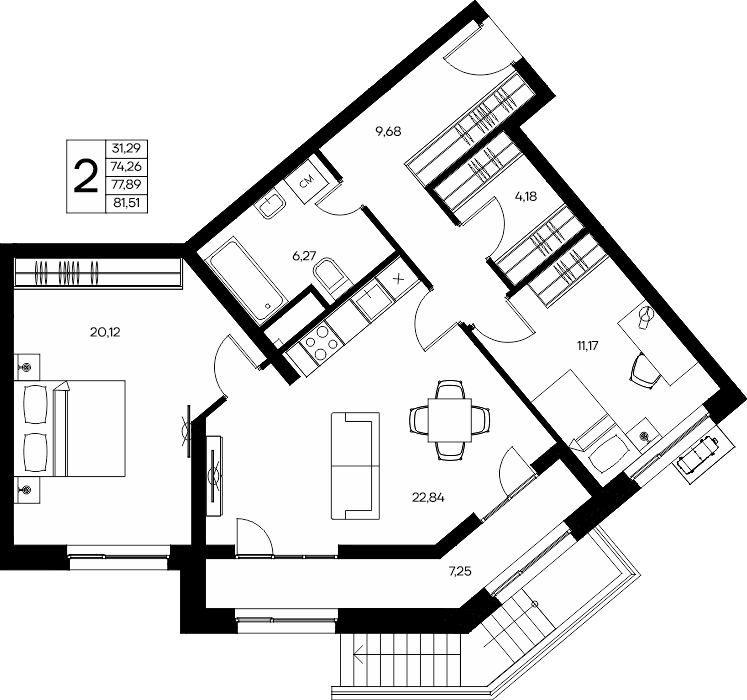 2-к, 81.51 м² · Прибрежный Дом