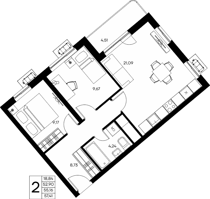 2-к, 57.41 м² · Прибрежный Дом