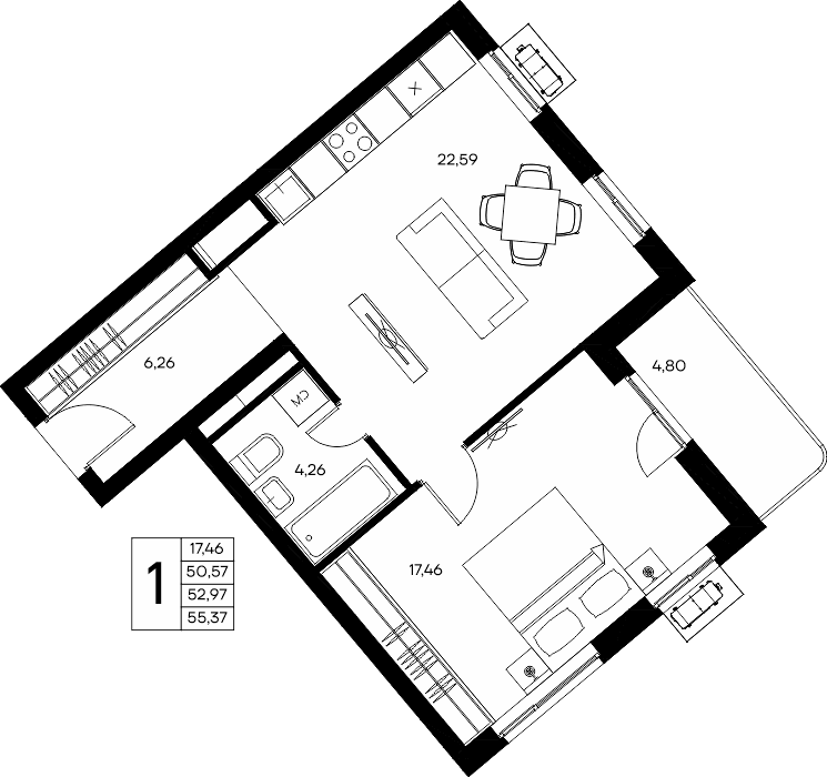 1-к, 55.37 м² · Прибрежный Дом