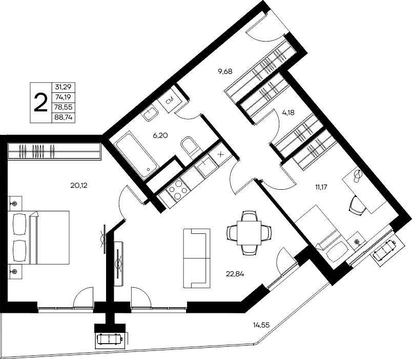 2-к, 88.74 м² · Прибрежный Дом