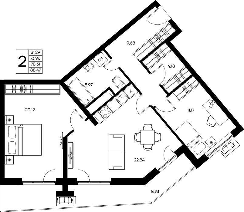 2-к, 88.47 м² · Прибрежный Дом