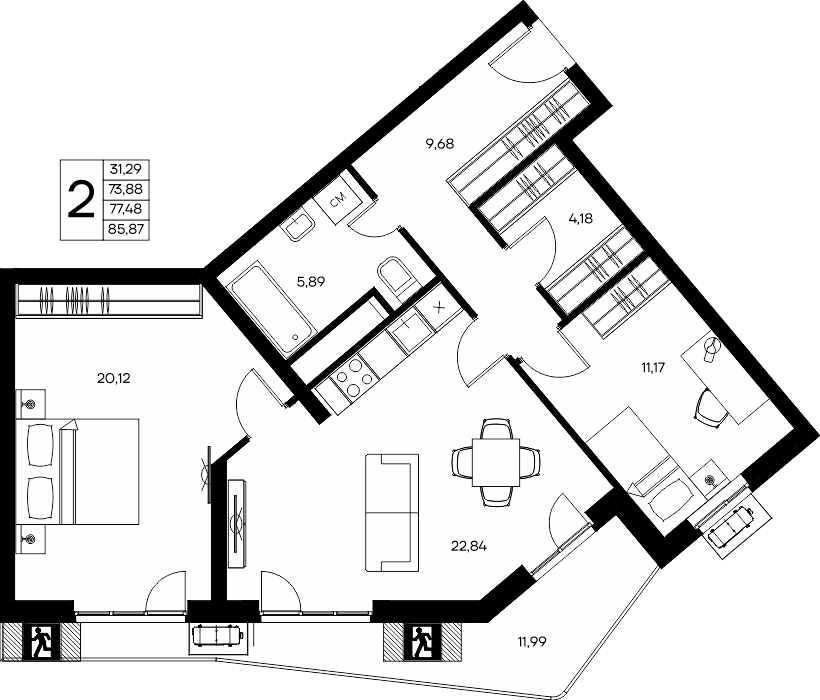 2-к, 85.87 м² · Прибрежный Дом