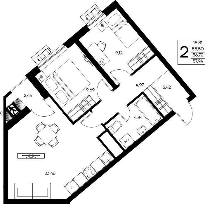 2-к, 57.94 м² · Прибрежный Дом