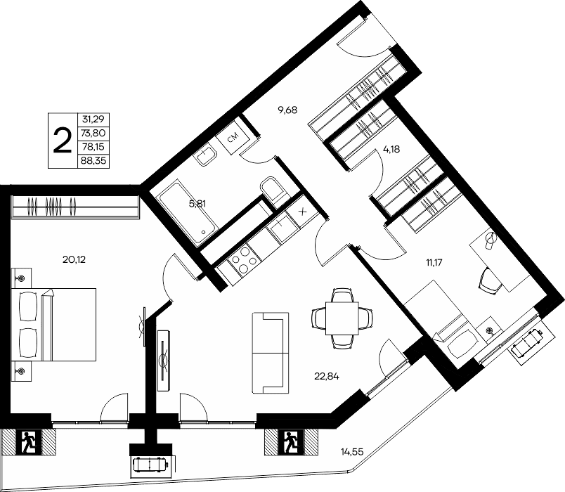 2-к, 88.35 м² · Прибрежный Дом