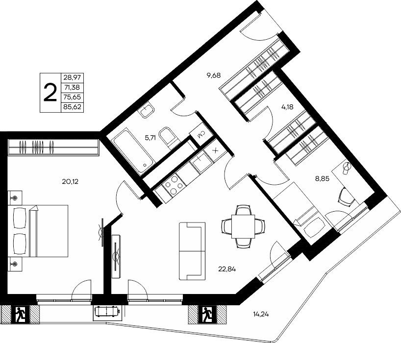 2-к, 85.62 м² · Прибрежный Дом
