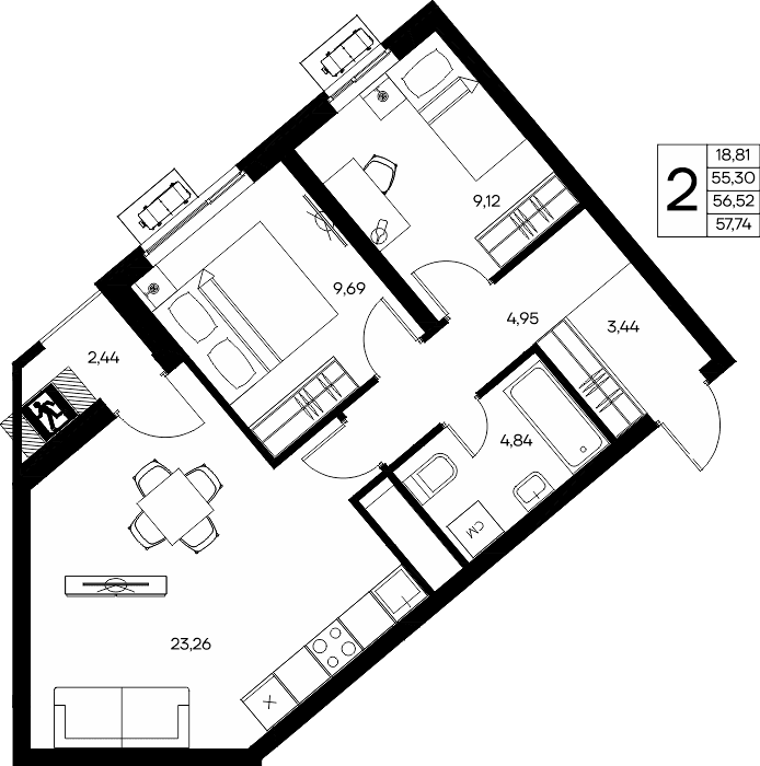 2-к, 57.74 м² · Прибрежный Дом