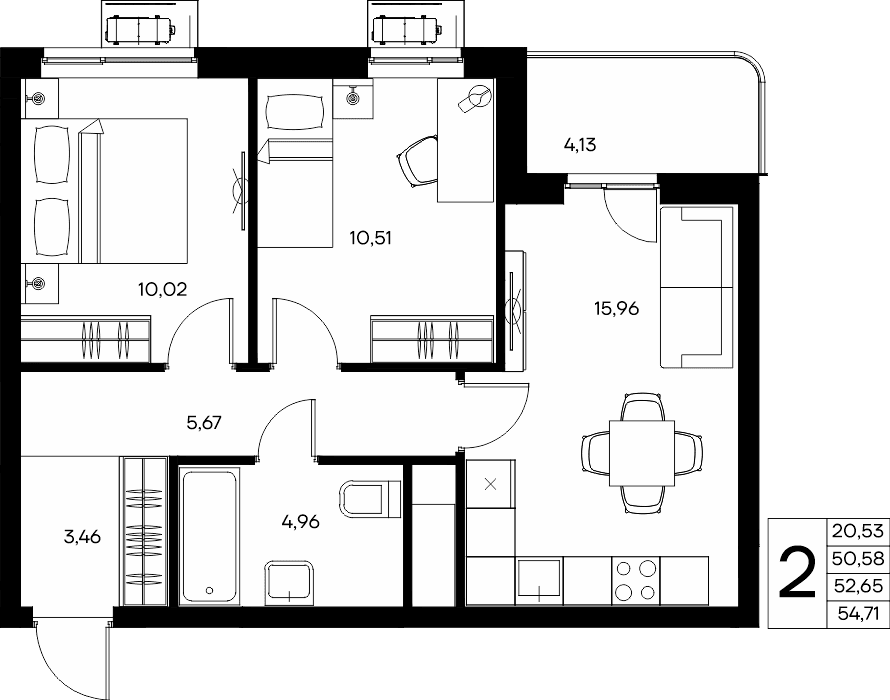 2-к, 54.71 м² · Прибрежный Дом