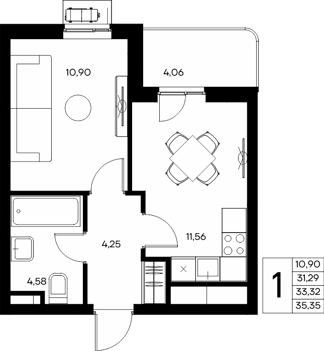 1-к, 35.35 м² · Прибрежный Дом