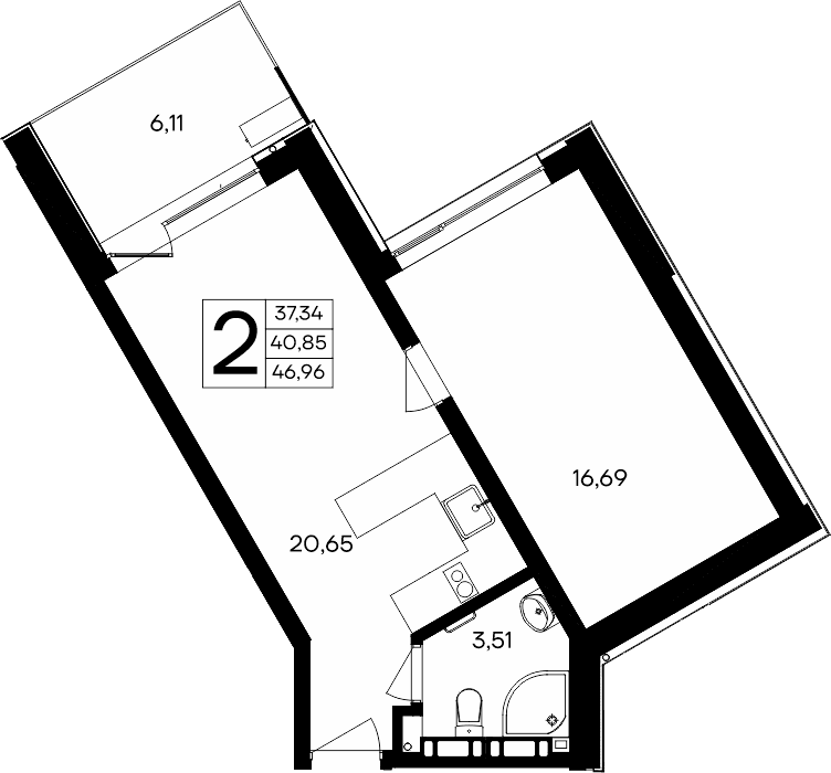 2-к, 46.96 м² · Песок и море