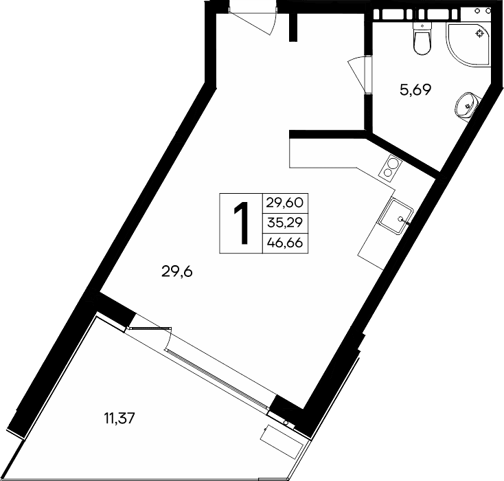 1-к, 46.66 м² · Песок и море