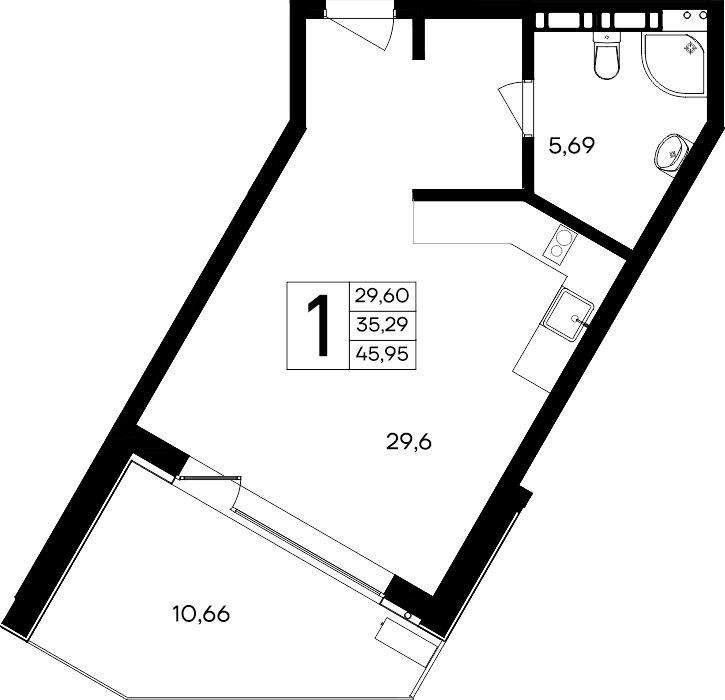 1-к, 45.95 м² · Песок и море