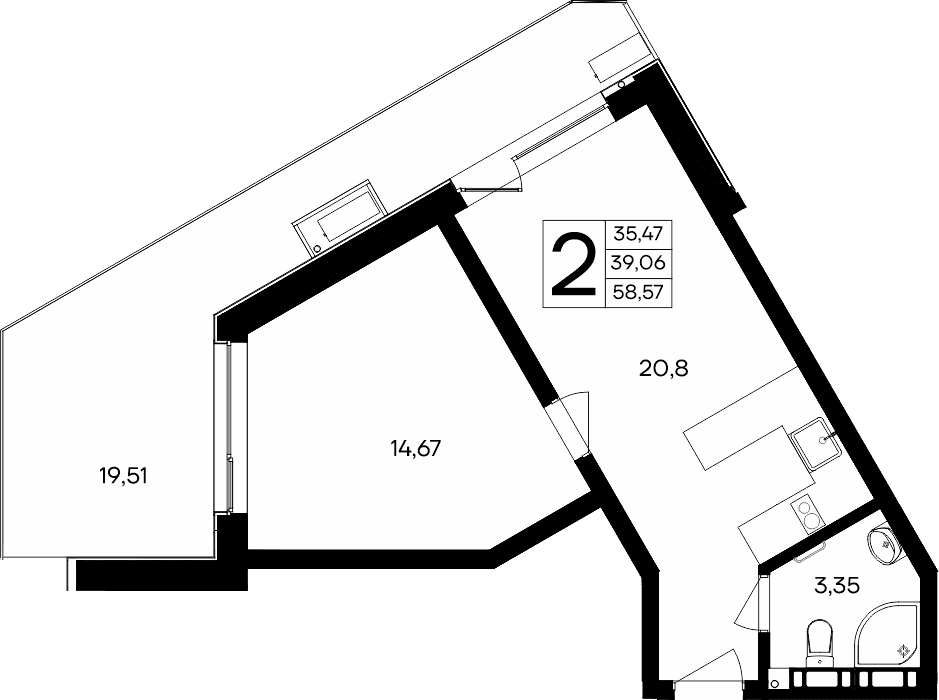 2-к, 58.57 м² · Песок и море