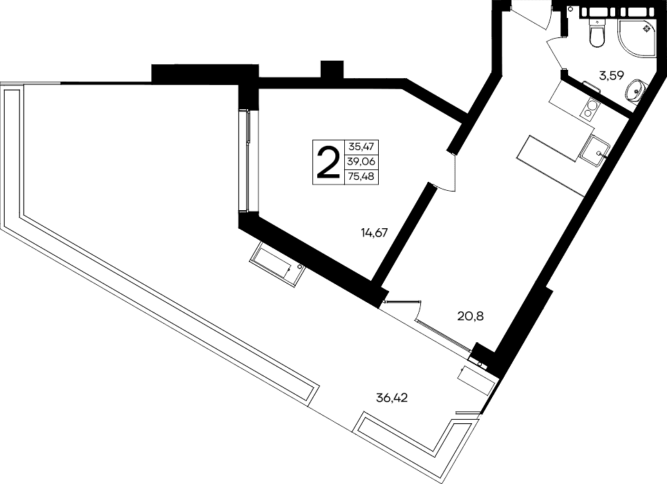 2-к, 75.48 м² · Песок и море