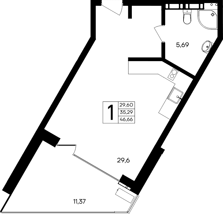 1-к, 46.66 м² · Песок и море