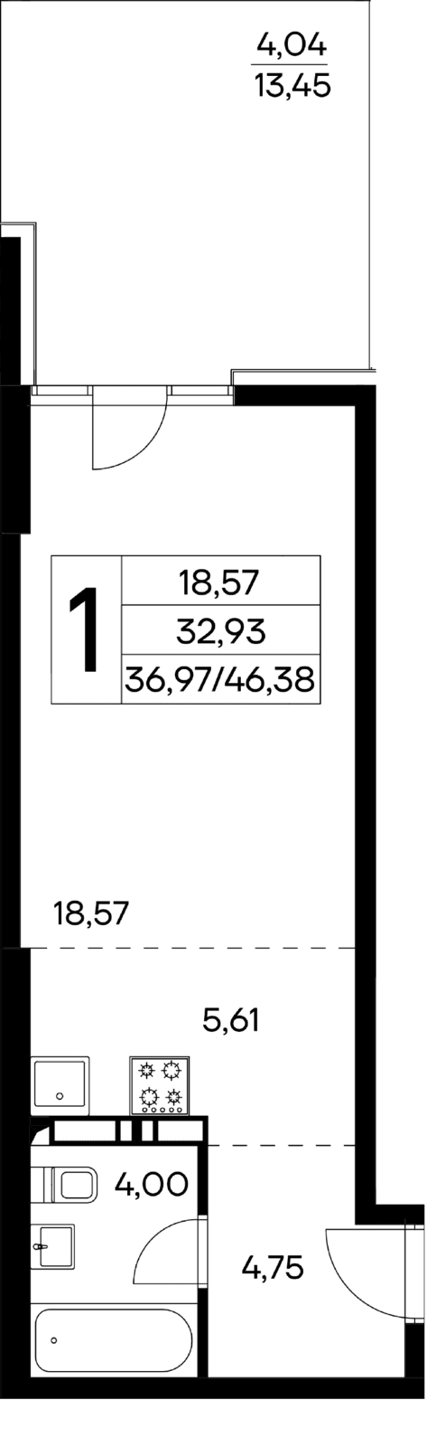 1-к, 46.38 м² · Лучистое