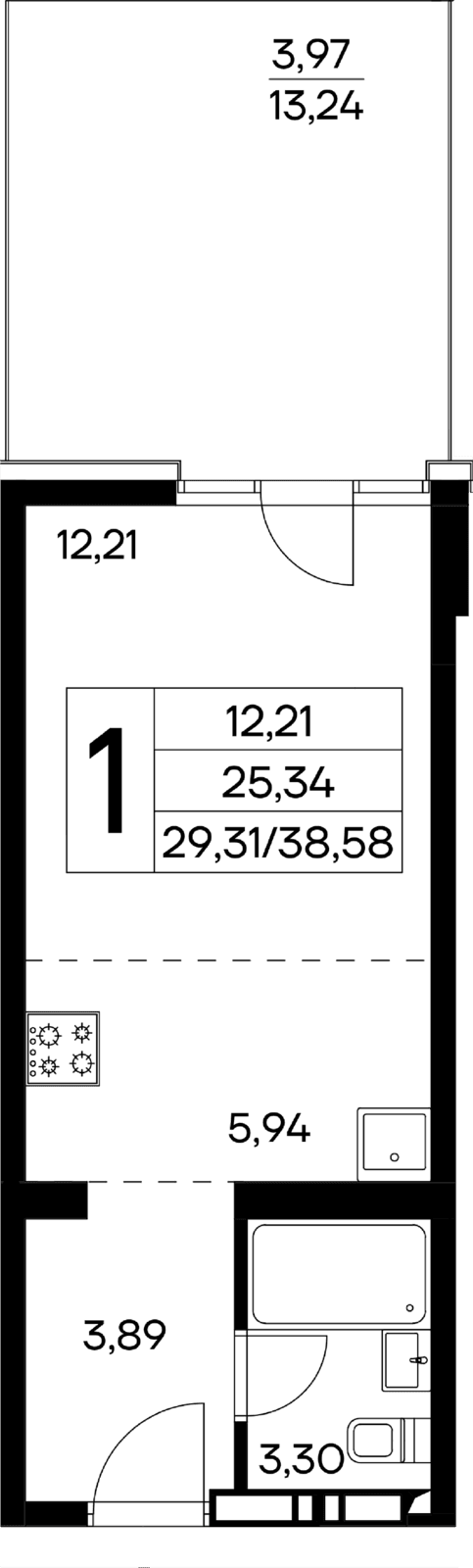 1-к, 38.58 м² · Лучистое