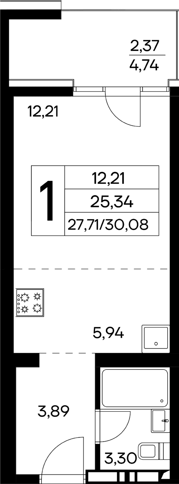 1-к, 30.08 м² · Лучистое