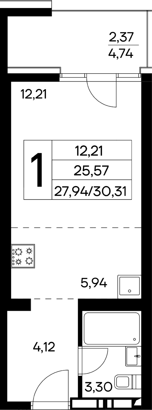 1-к, 30.31 м² · Лучистое