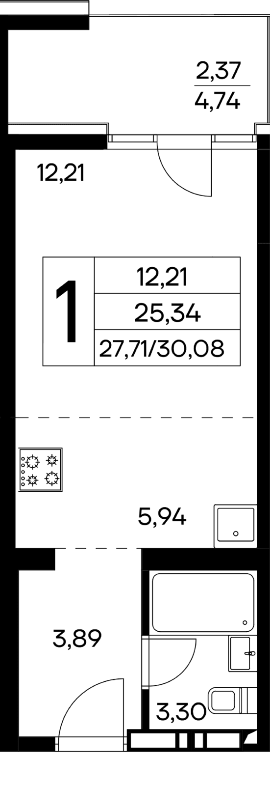 1-к, 30.08 м² · Лучистое