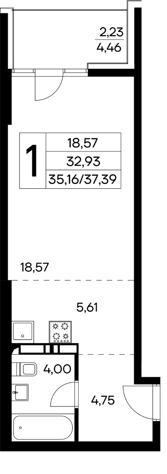 1-к, 37.39 м² · Лучистое
