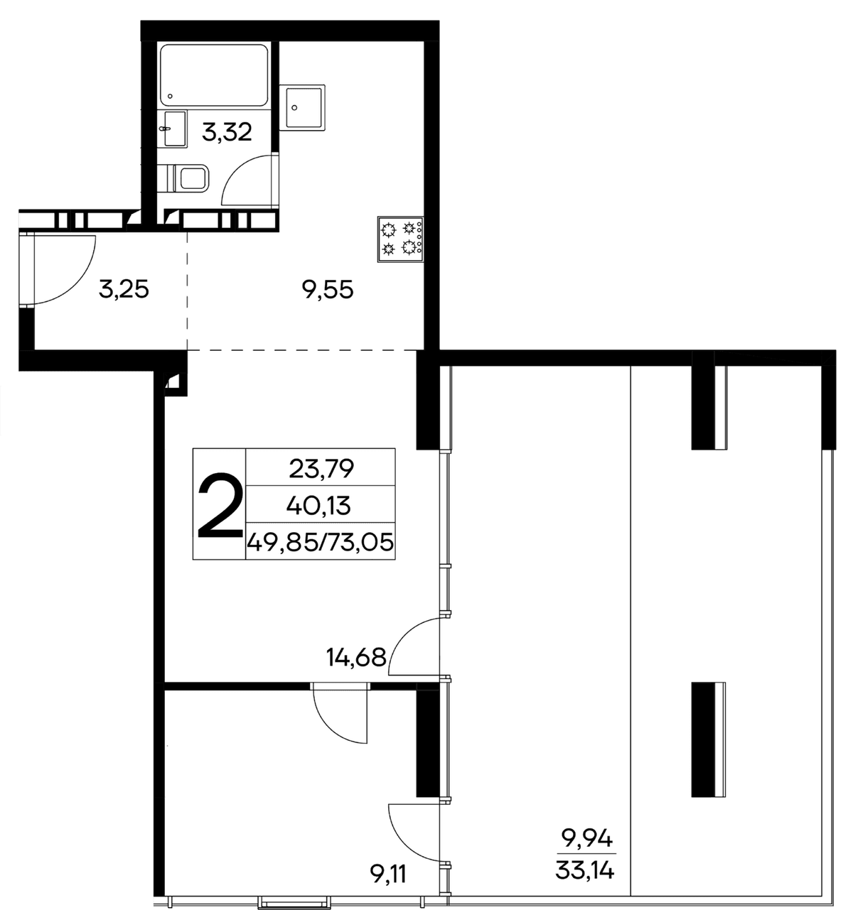 2-к, 73.05 м² · Лучистое