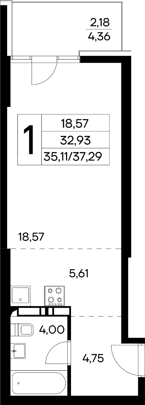1-к, 37.29 м² · Лучистое