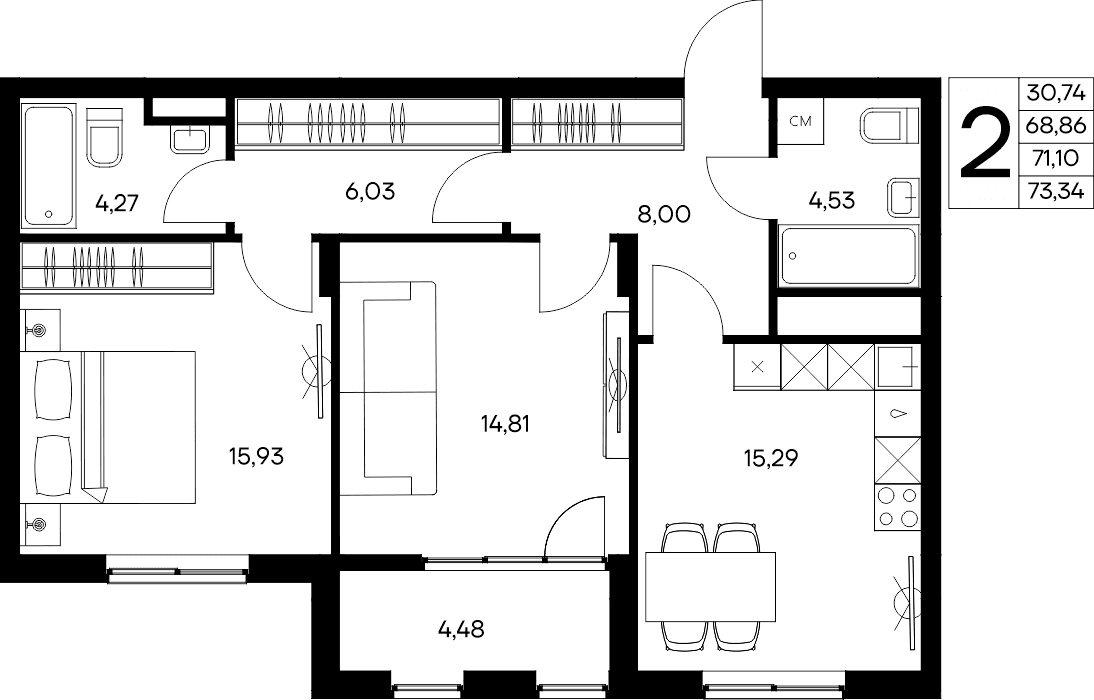 2-к, 73.34 м² · Листория
