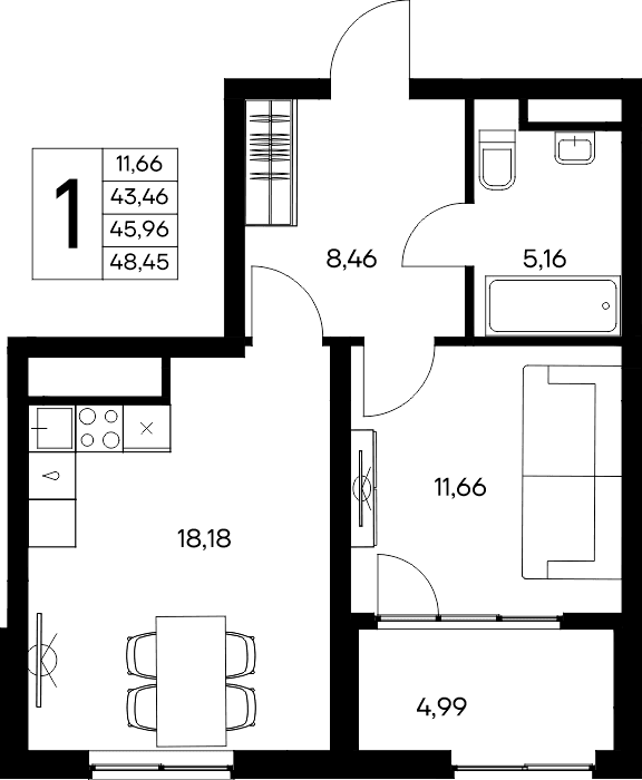 1-к, 48.45 м² · Листория