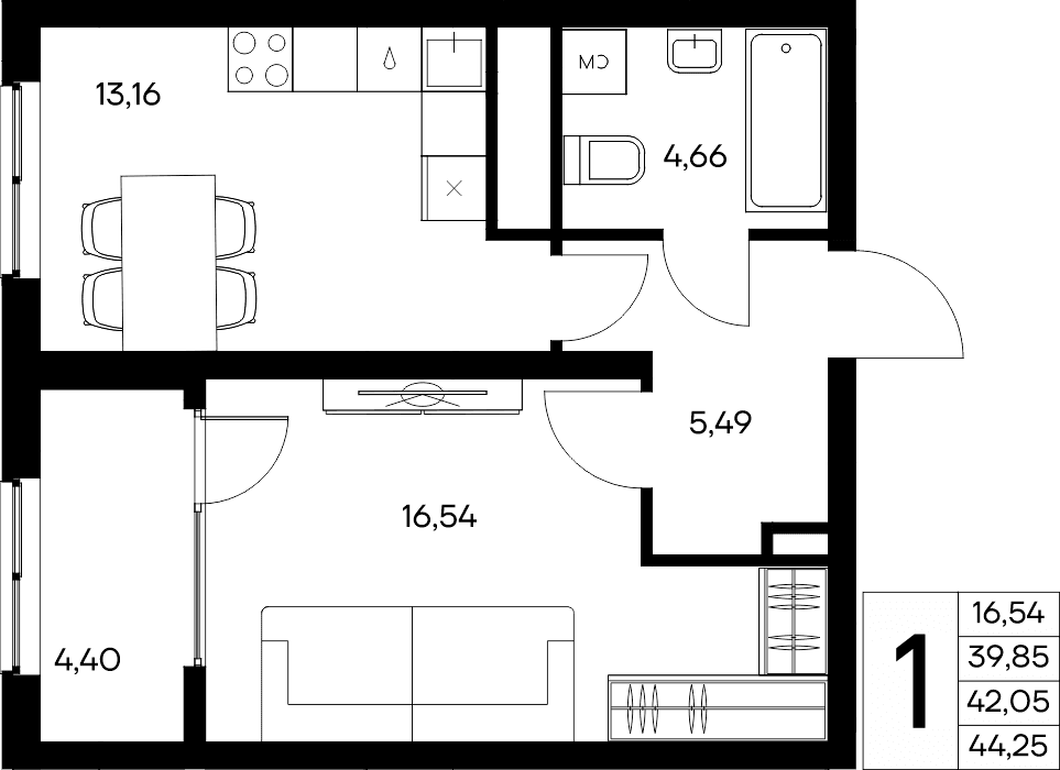 1-к, 44.25 м² · Листория