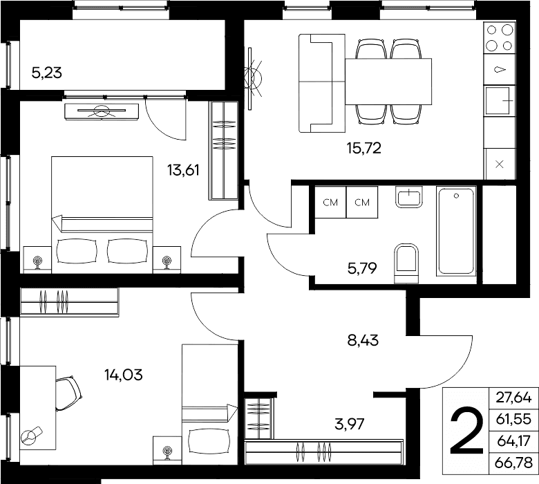2-к, 66.78 м² · Листория