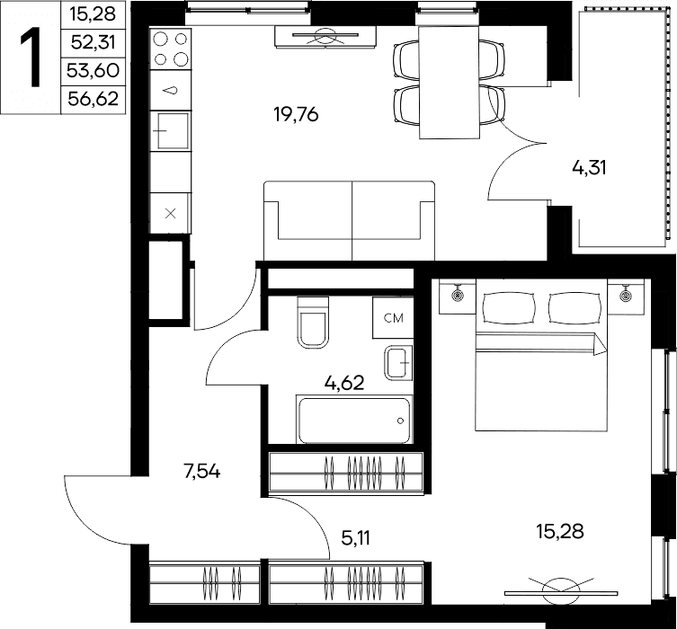 1-к, 56.62 м² · Листория