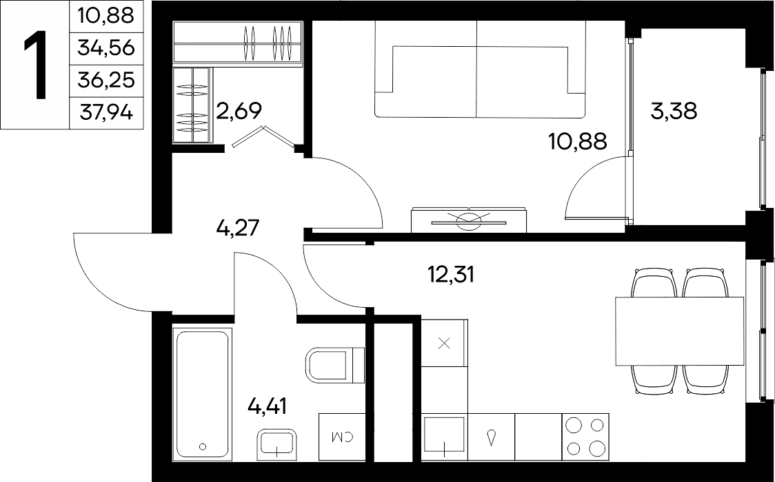 1-к, 37.94 м² · Листория