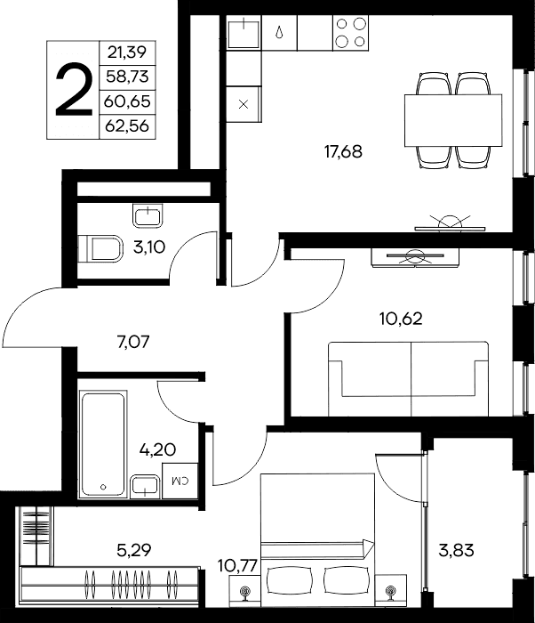 2-к, 62.56 м² · Листория