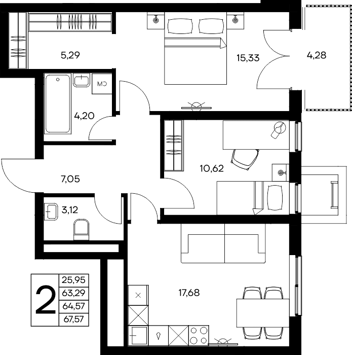 2-к, 67.57 м² · Листория