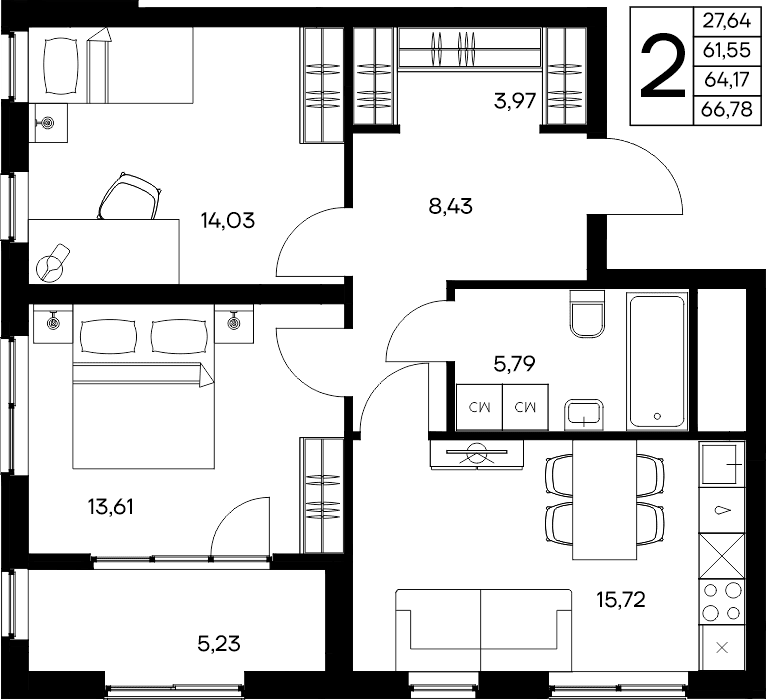 2-к, 66.78 м² · Листория