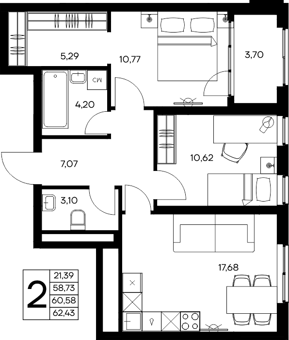 2-к, 62.43 м² · Листория