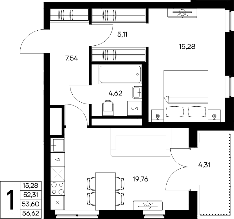 1-к, 56.62 м² · Листория