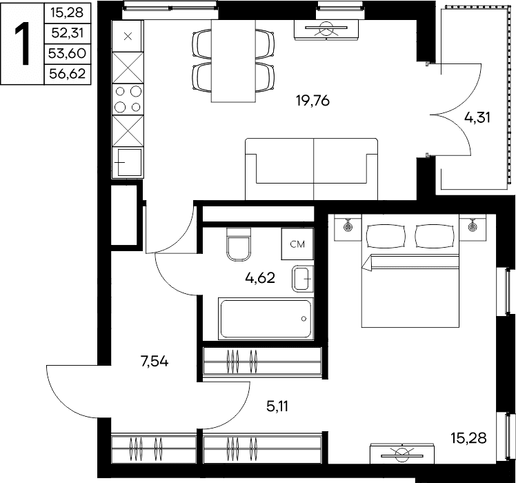 1-к, 56.62 м² · Листория