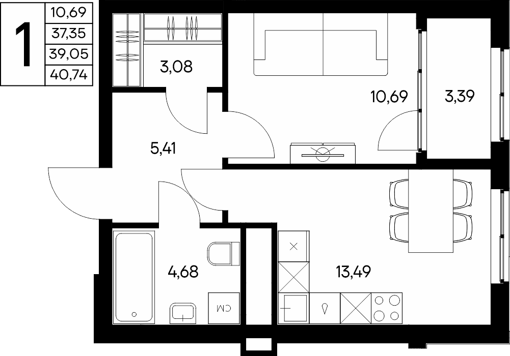 1-к, 40.74 м² · Листория
