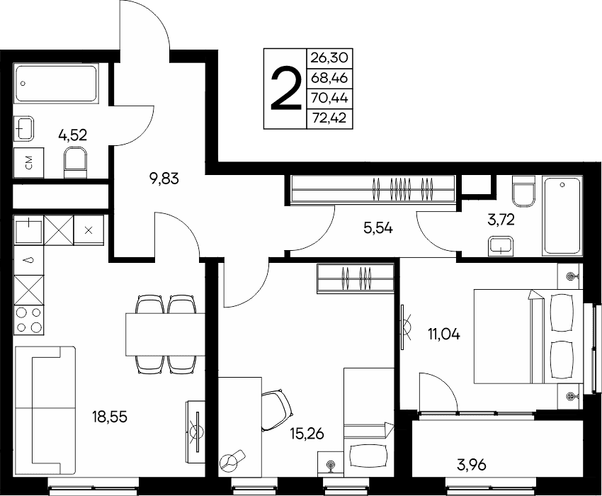 2-к, 72.42 м² · Листория