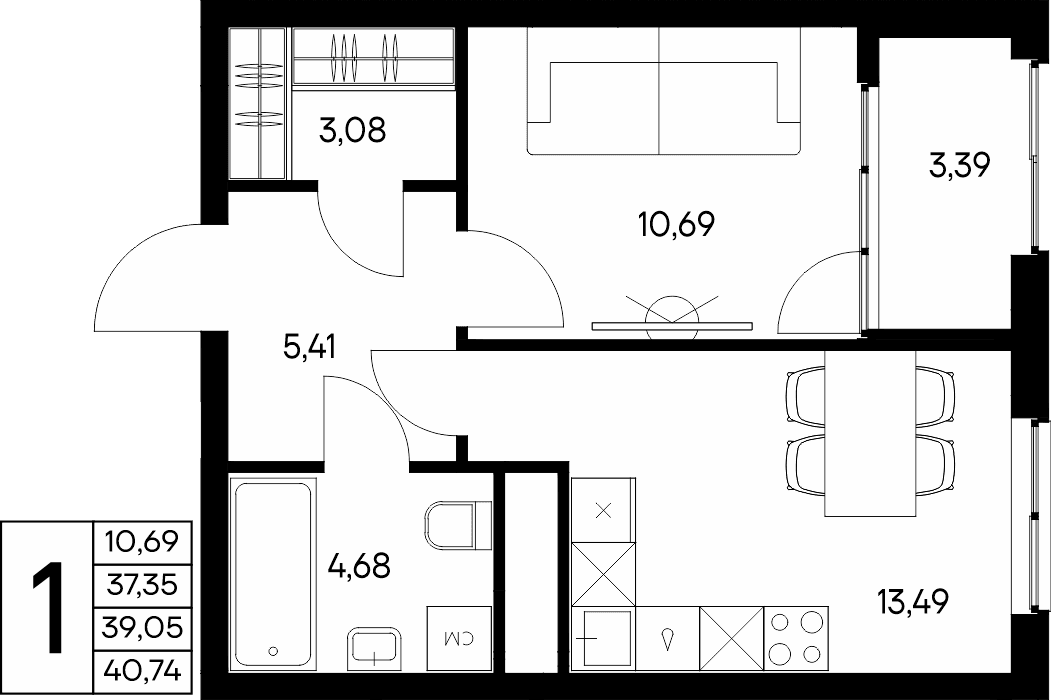 1-к, 40.74 м² · Листория