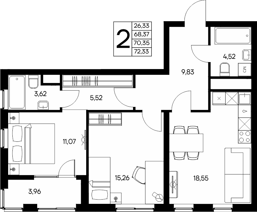 2-к, 72.33 м² · Листория