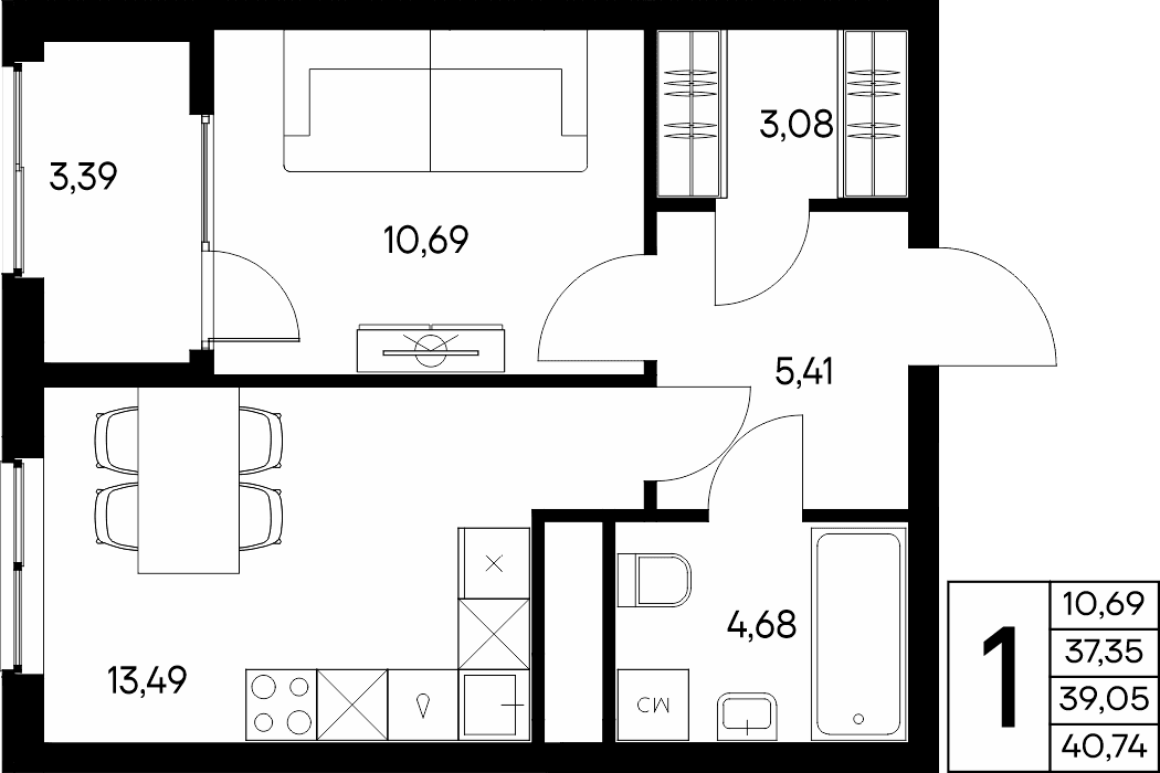 1-к, 40.74 м² · Листория