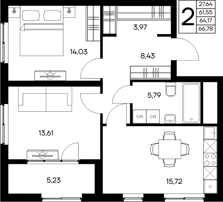2-к, 66.78 м² · Листория